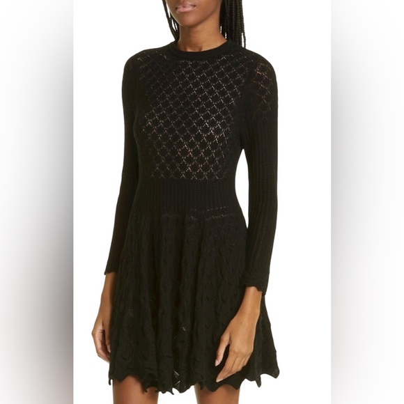 NWT Alice + Olivia Gin Pointelle Lace Knit Dress With Bow In Black Size S - Picture 7 of 12